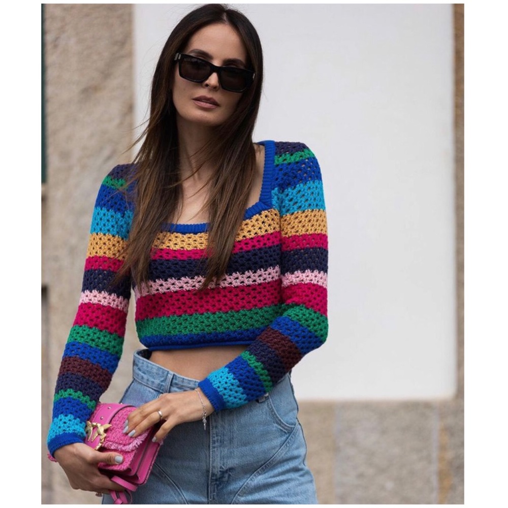 Zara Crocheted Multistripe Crop Top — Blue, Green, Pink, Yellow, Red